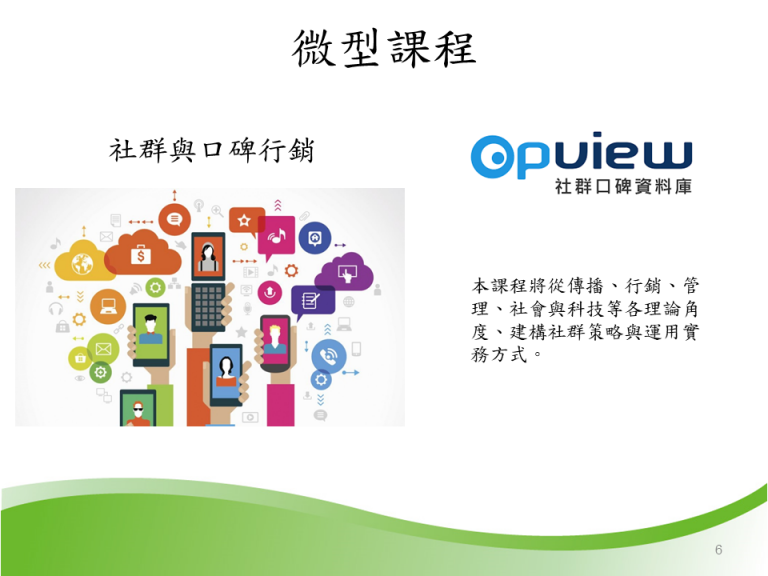 這張圖介紹「社群與口碑行銷」微型課程，透過Opview資料庫，從傳播、行銷、管理、社會與科技角度，學習社群互動與口碑行銷的實務應用。