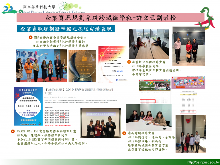 這張圖展示ERP跨域微學程的成果，由許文西副教授指導，學生參與競賽並獲獎，課程結合理論與實務，強調產學合作與跨領域學習，提升學生專業能力與表現。