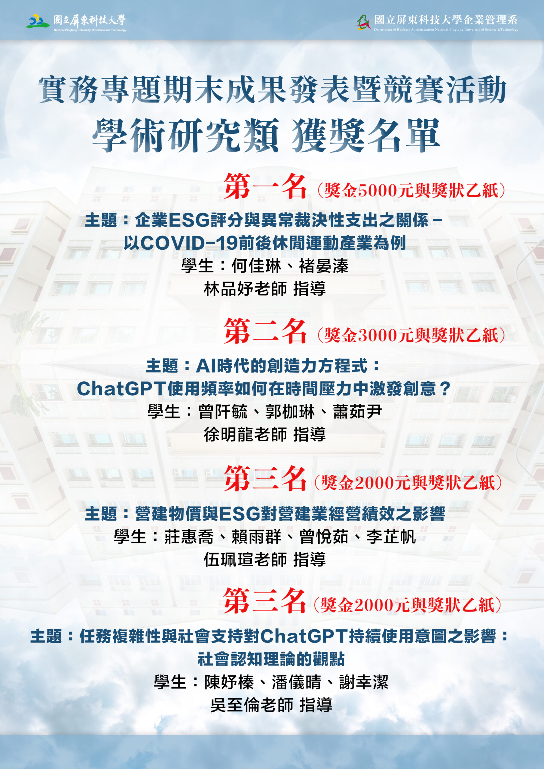 實務專題期末成果發表暨競賽活動學術研究類獲獎名單